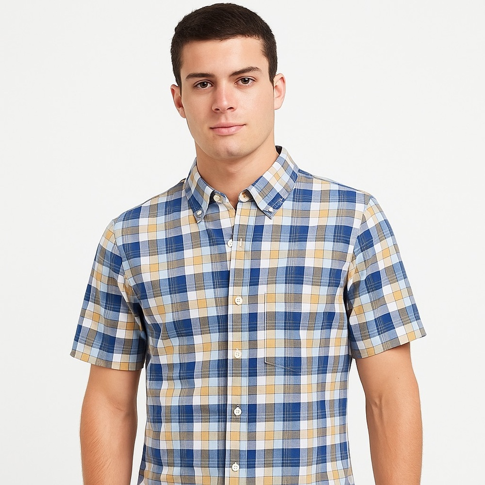 Tie Bar Blue Brown Plaid Trim Fit Short Sleeve Button Down Shirt Size Medium NWT